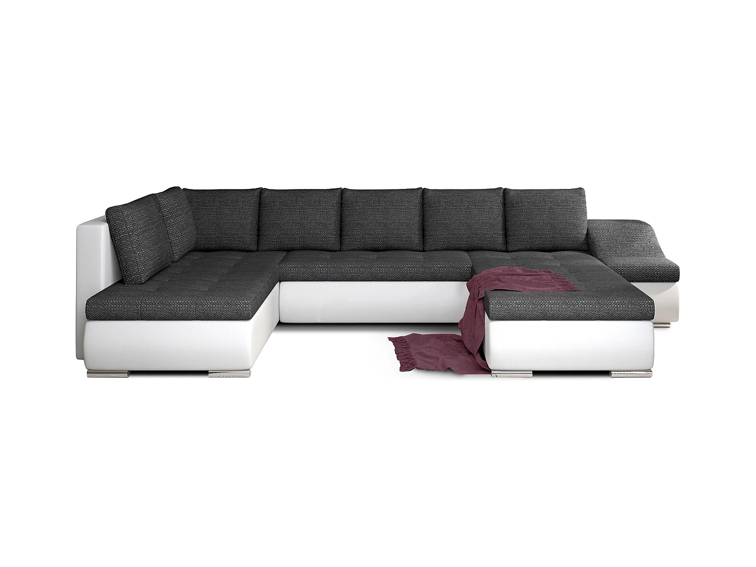 Canapé panoramique convertible JONAZ simili cuir, tissu - Rangement integré-Blanc/Gris chiné-Méridienne A droite