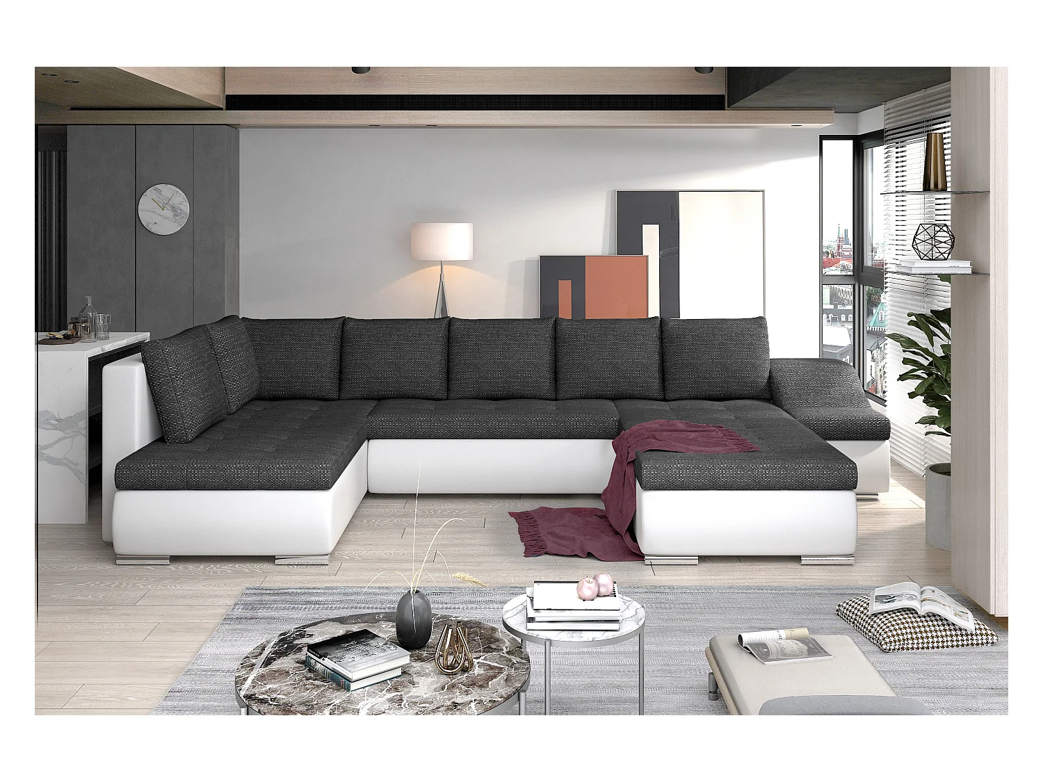 Canapé panoramique convertible JONAZ simili cuir, tissu - Rangement integré-Blanc/Gris chiné-Méridienne A droite