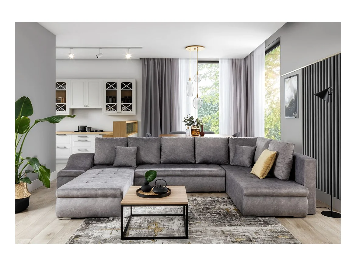 Canapé panoramique convertible JONAZ simili cuir, tissu - Rangement integré-Blanc/Gris chiné-Méridienne A droite