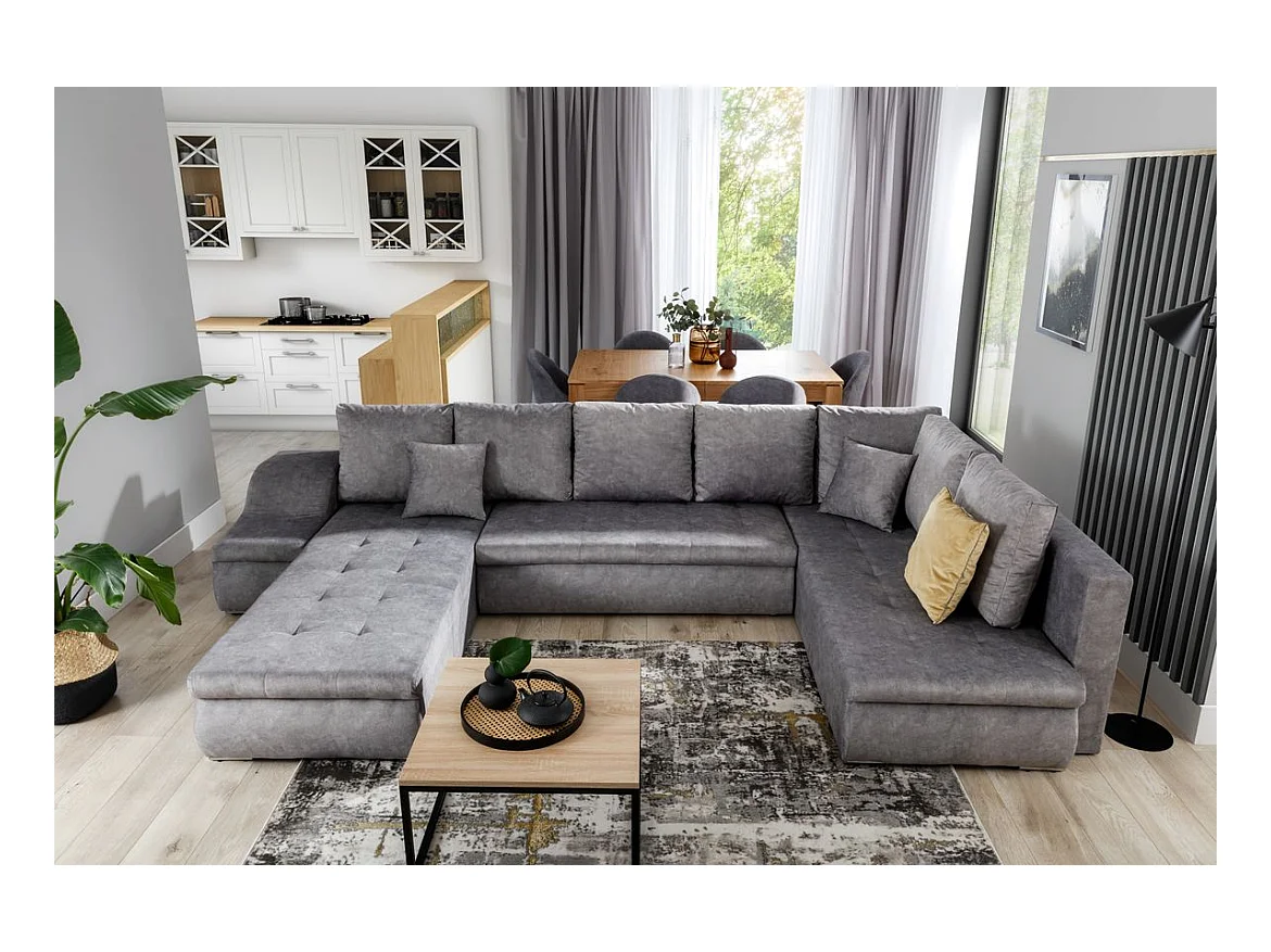 Canapé panoramique convertible JONAZ simili cuir, tissu - Rangement integré-Blanc/Gris chiné-Méridienne A droite