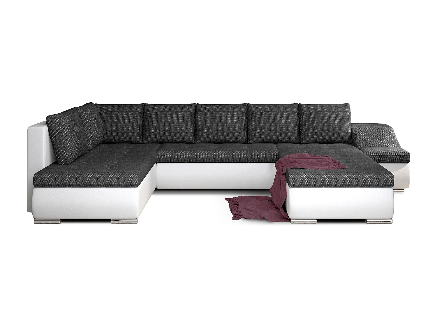 Canapé panoramique convertible JONAZ simili cuir, tissu - Rangement integré-Blanc/Gris chiné-Méridienne A droite