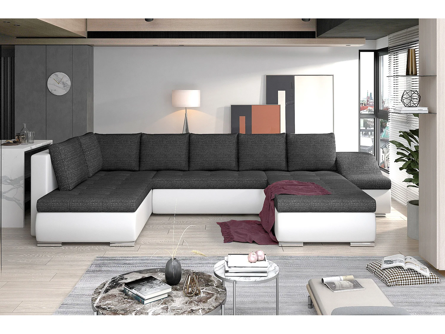 Canapé panoramique convertible JONAZ simili cuir, tissu - Rangement integré-Blanc/Gris chiné-Méridienne A droite