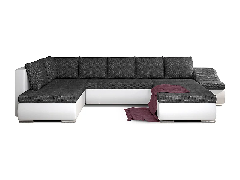 Canapé panoramique convertible JONAZ simili cuir, tissu - Rangement integré-Blanc/Gris chiné-Méridienne A droite