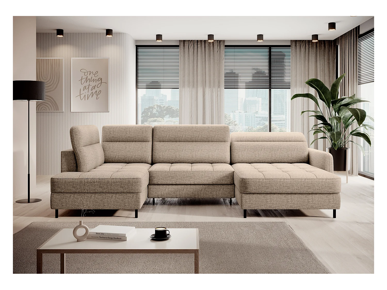 Canapé panoramique convertible BENTO en tissu avec coffre de rangement-Beige clair-angle droit