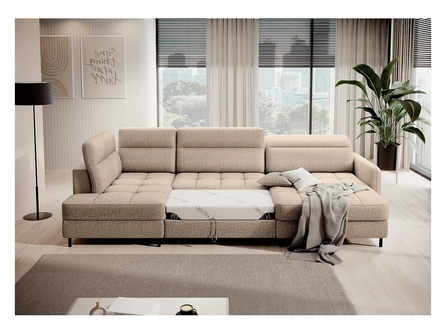 Canapé panoramique convertible BENTO en tissu avec coffre de rangement-Beige clair-angle droit