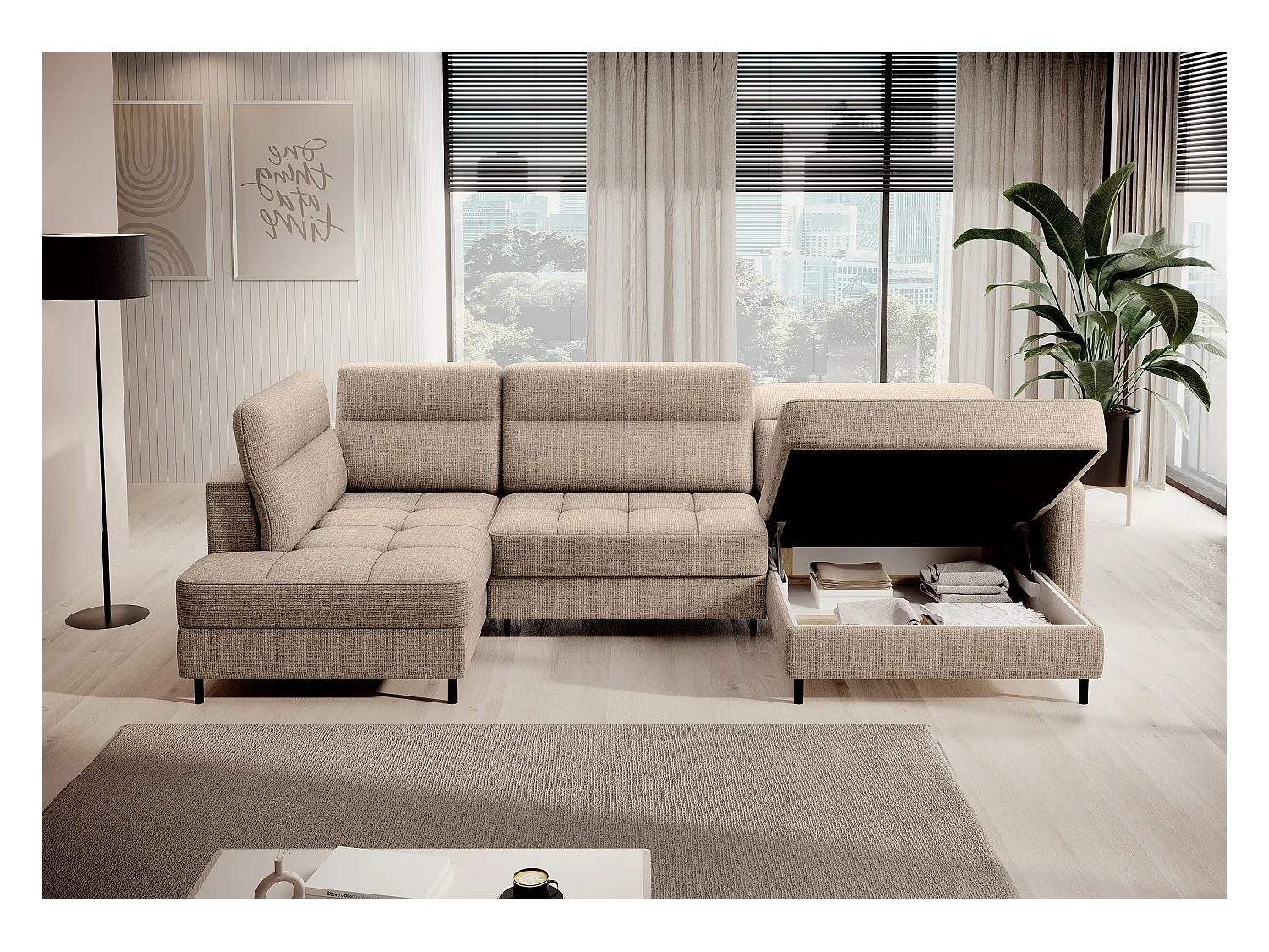 Canapé panoramique convertible BENTO en tissu avec coffre de rangement-Beige clair-angle droit