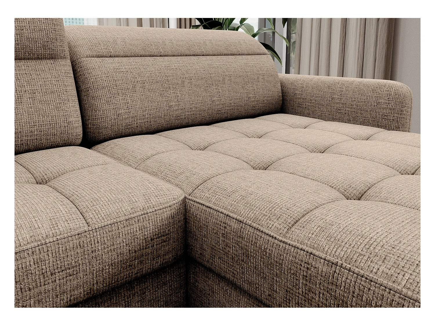 Canapé panoramique convertible BENTO en tissu avec coffre de rangement-Beige clair-angle droit