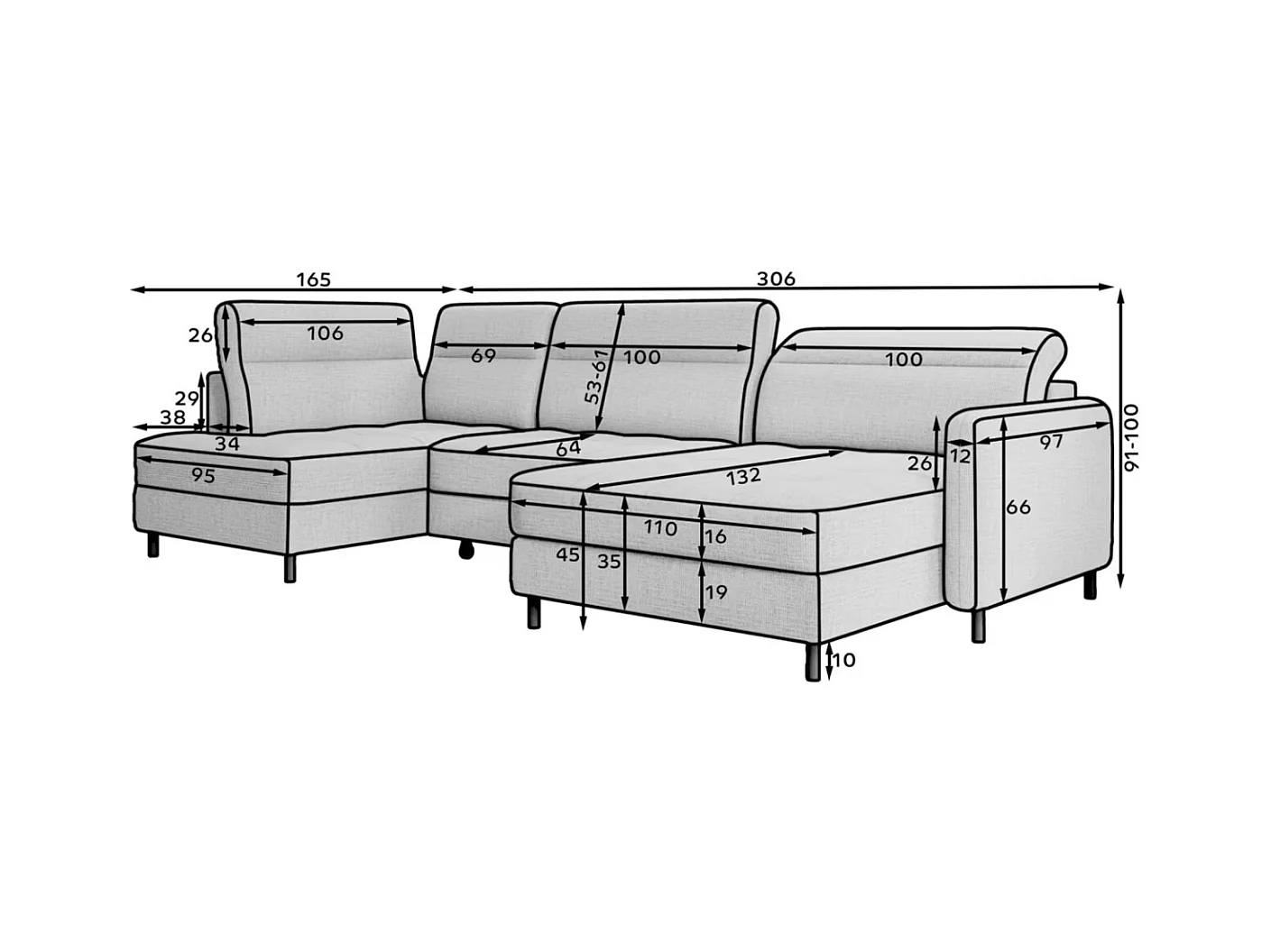 Canapé panoramique convertible BENTO en tissu avec coffre de rangement-Beige clair-angle droit