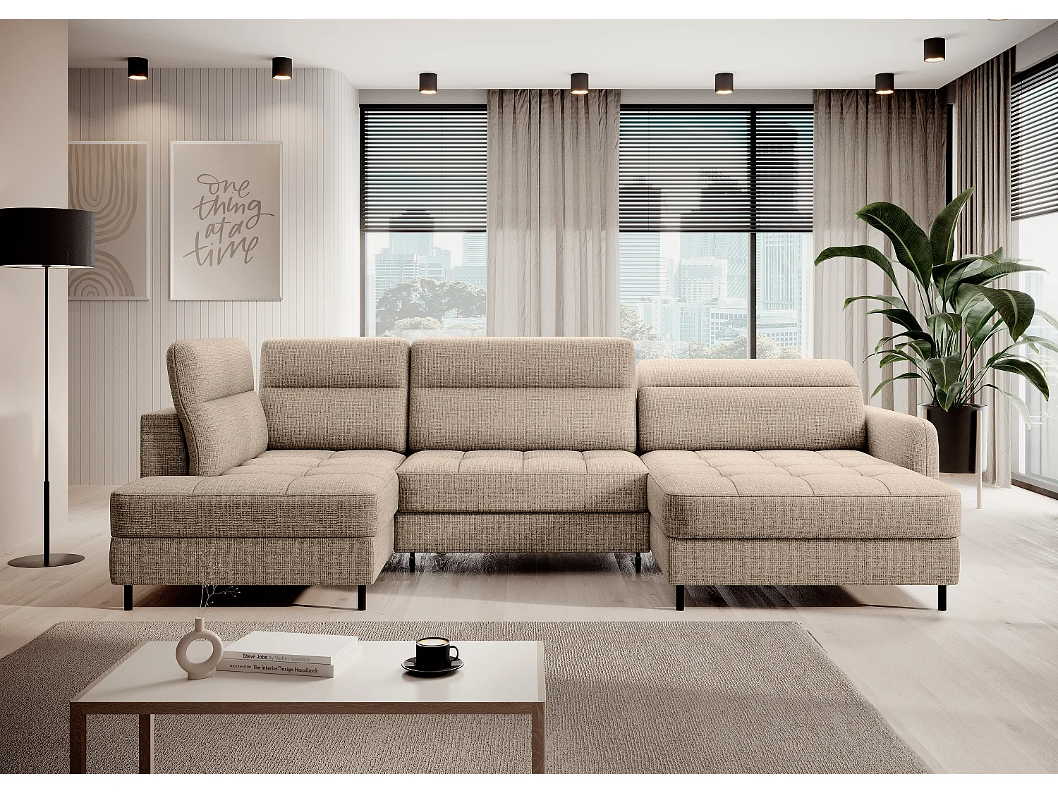 Canapé panoramique convertible BENTO en tissu avec coffre de rangement-Beige clair-angle droit