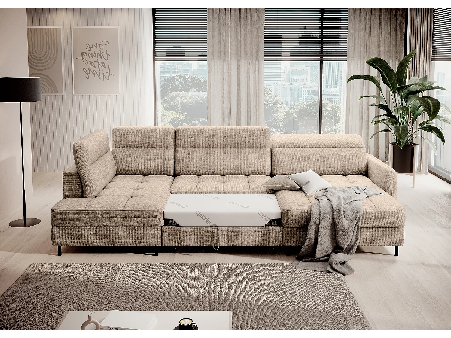 Canapé panoramique convertible BENTO en tissu avec coffre de rangement-Beige clair-angle droit