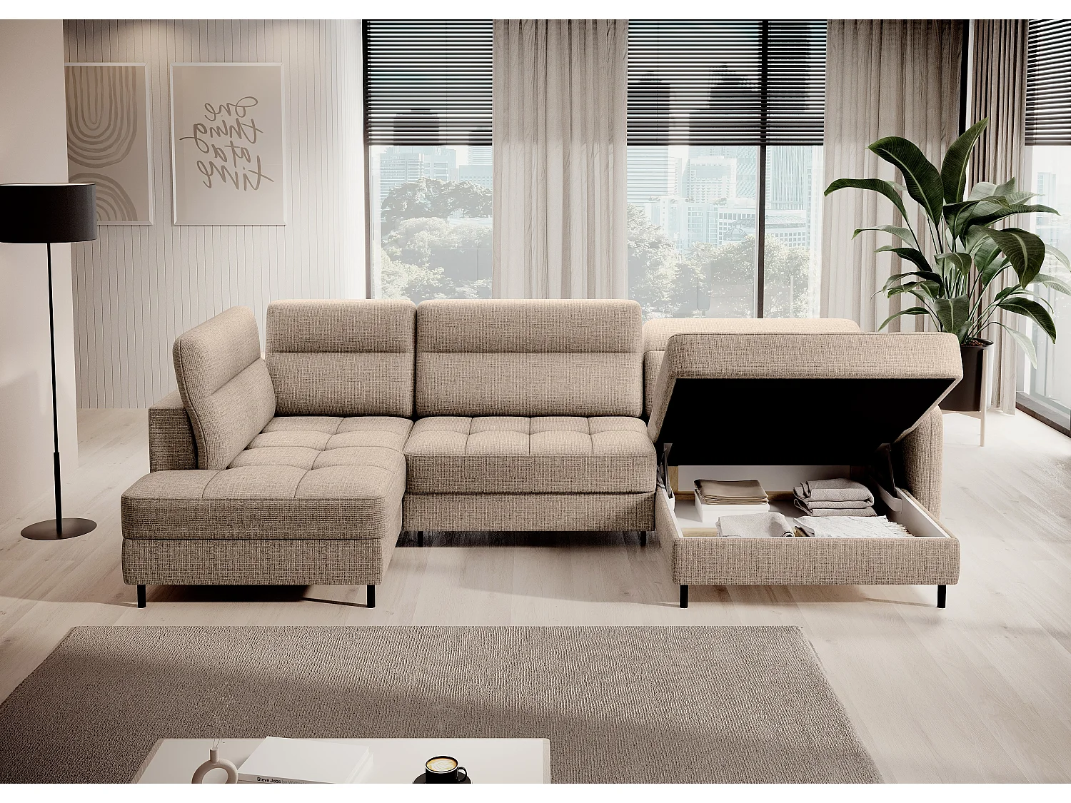 Canapé panoramique convertible BENTO en tissu avec coffre de rangement-Beige clair-angle droit