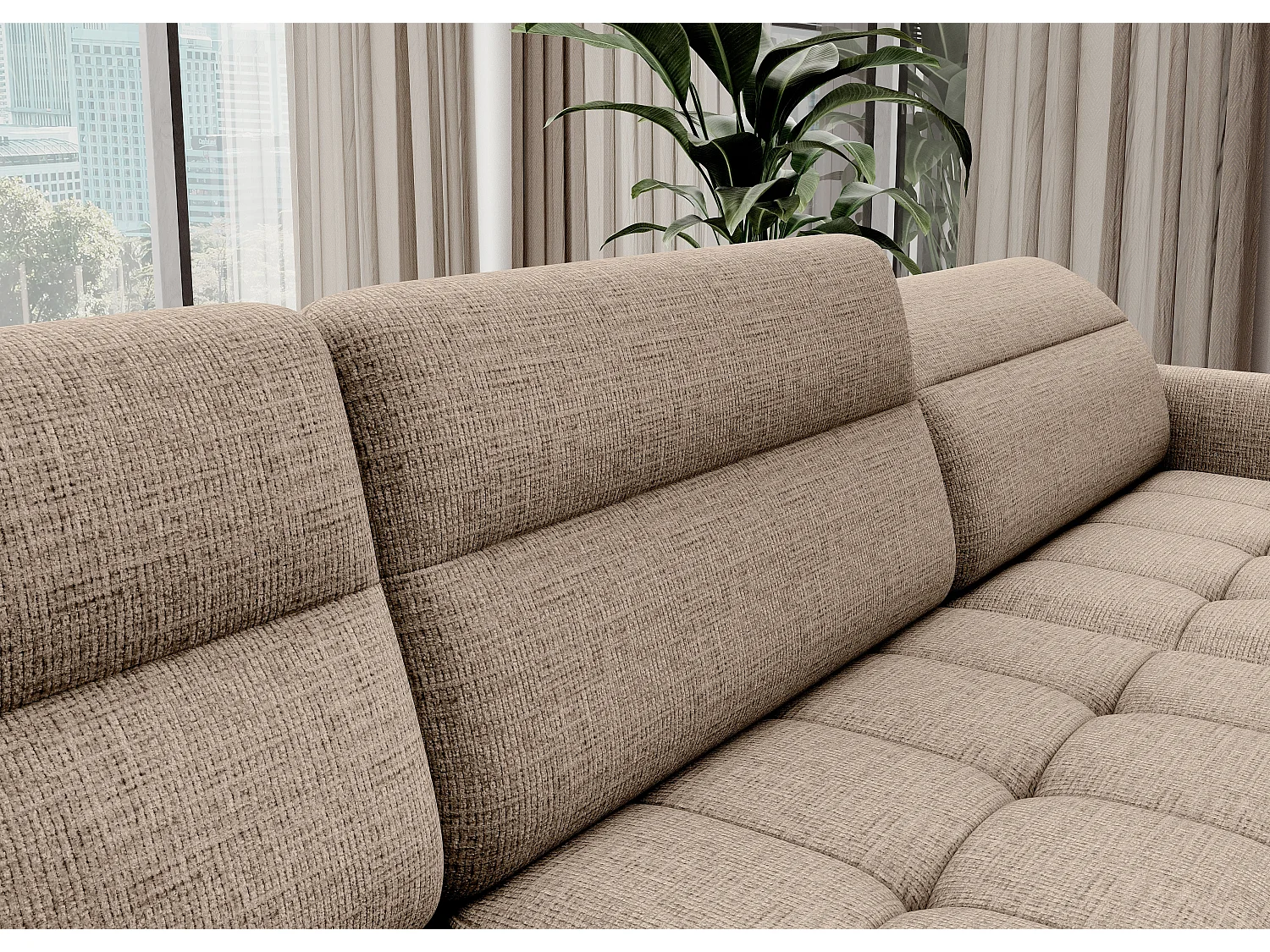 Canapé panoramique convertible BENTO en tissu avec coffre de rangement-Beige clair-angle droit