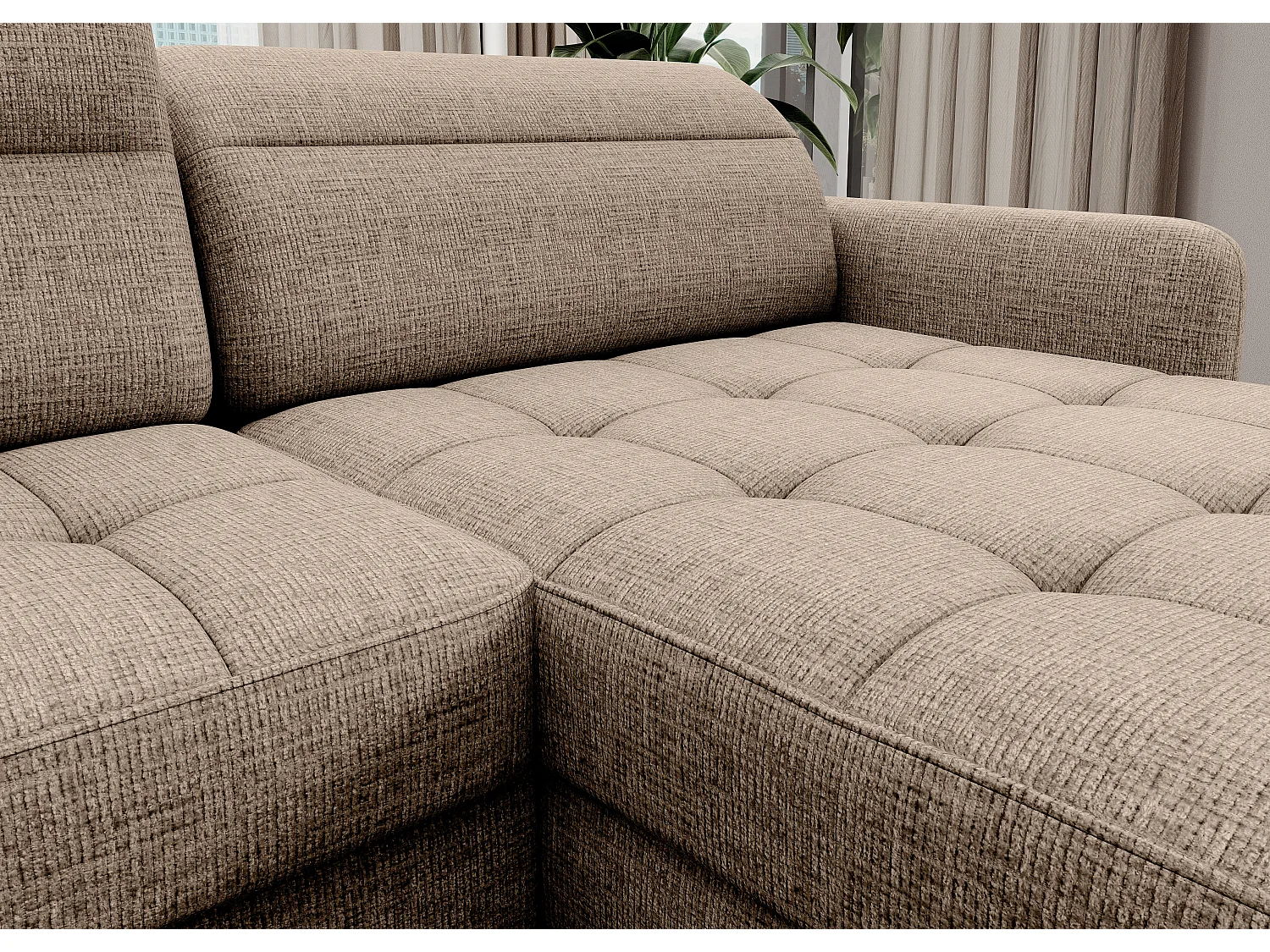 Canapé panoramique convertible BENTO en tissu avec coffre de rangement-Beige clair-angle droit