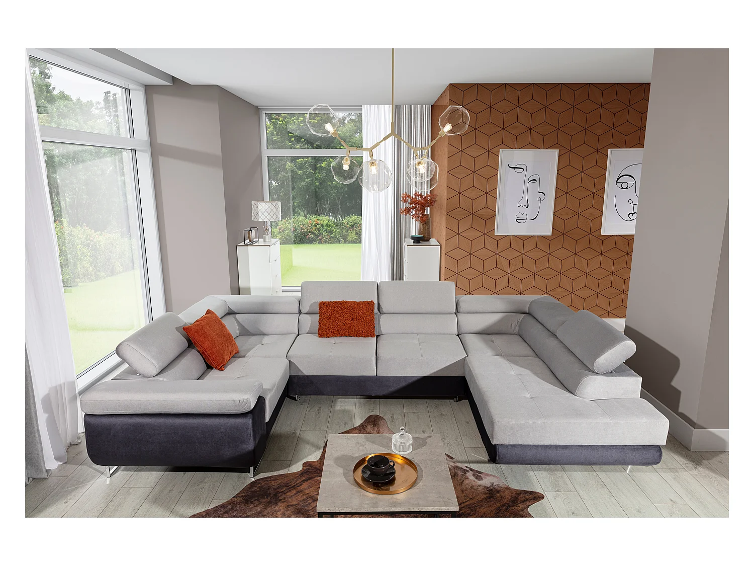 Canapé convertible panoramique TOVY velours - Rangement et têtières réglables-Gris/Gris clair-Coffre à droite