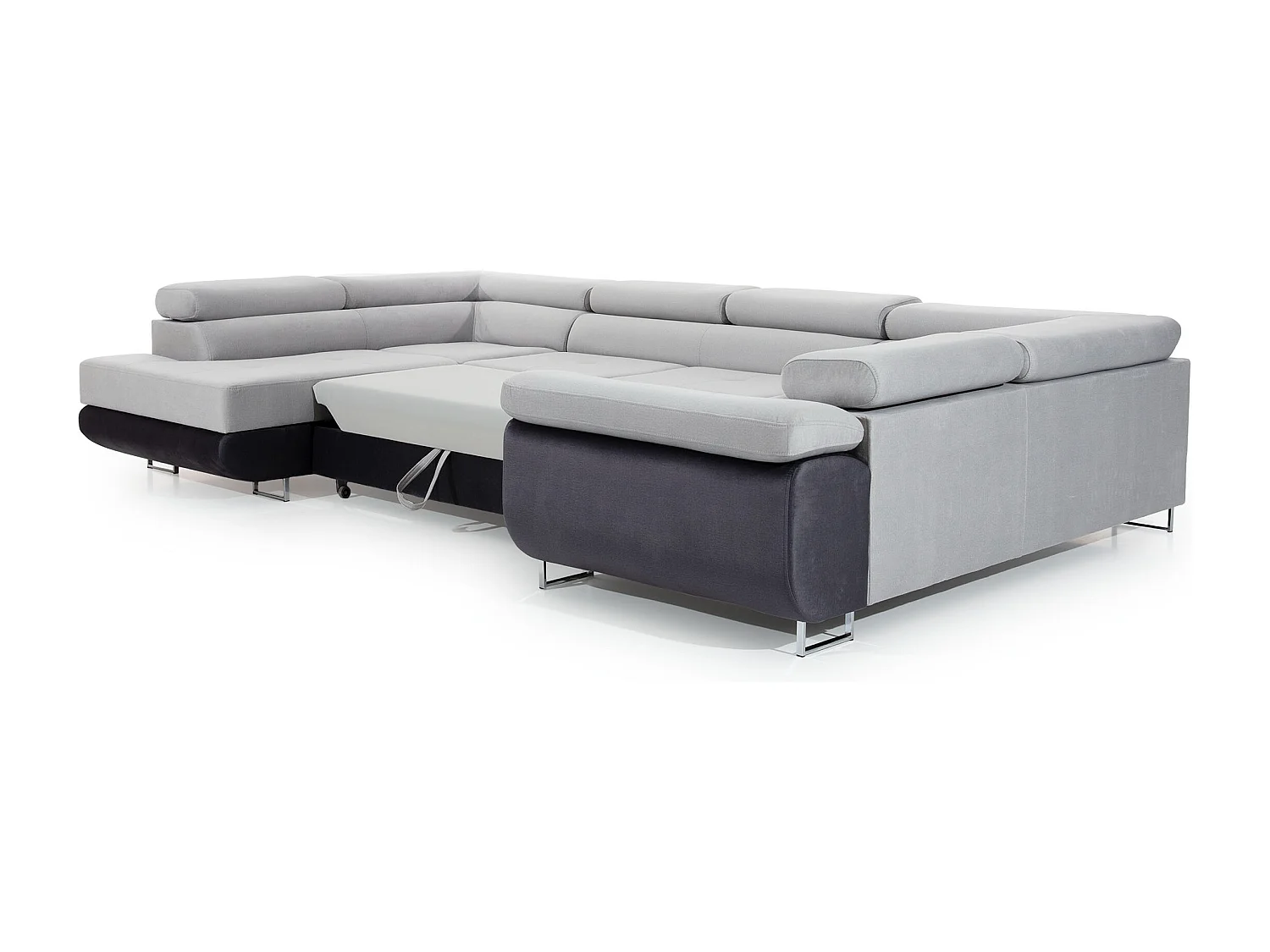 Canapé convertible panoramique TOVY velours - Rangement et têtières réglables-Gris/Gris clair-Coffre à droite