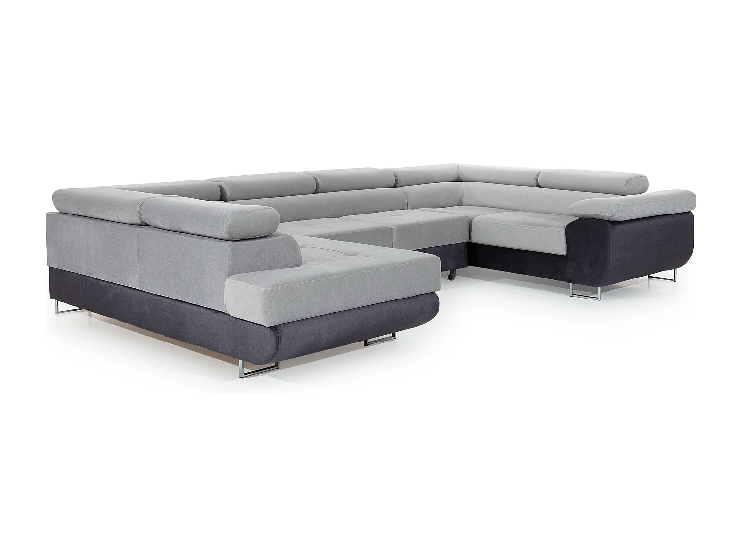 Canapé convertible panoramique TOVY velours - Rangement et têtières réglables-Gris/Gris clair-Coffre à droite