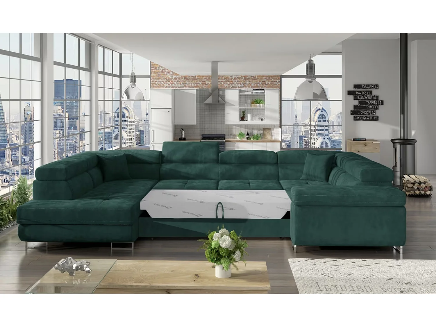 Canapé convertible panoramique TOVY velours - Rangement et têtières réglables-Gris/Gris clair-Coffre à droite