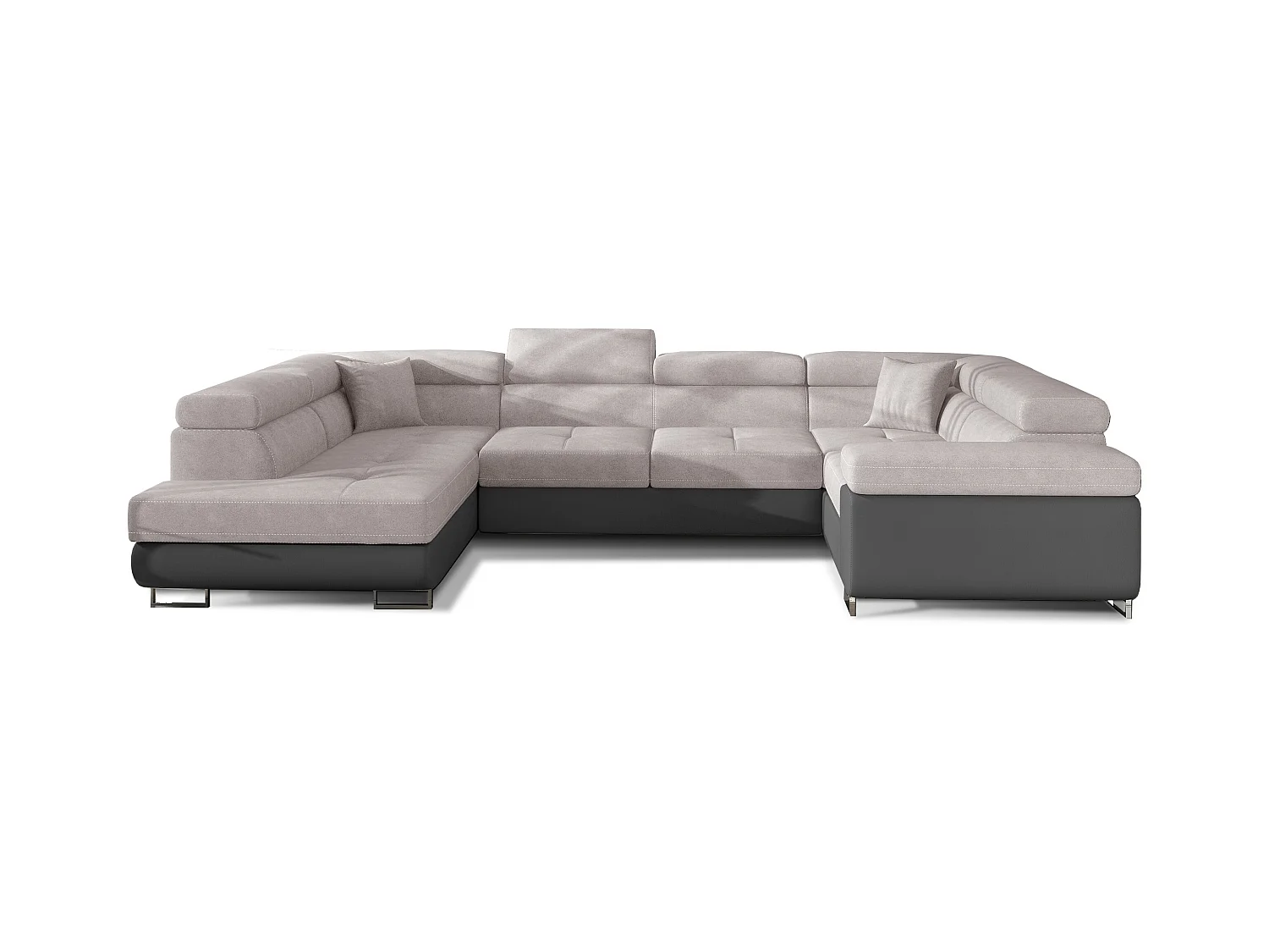 Canapé convertible panoramique TOVY tissu et simili cuir - têtières réglables-Gris/Gris clair-Coffre à gauche