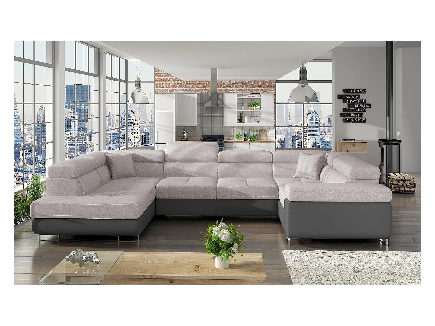 Canapé convertible panoramique TOVY tissu et simili cuir - têtières réglables-Gris/Gris clair-Coffre à gauche