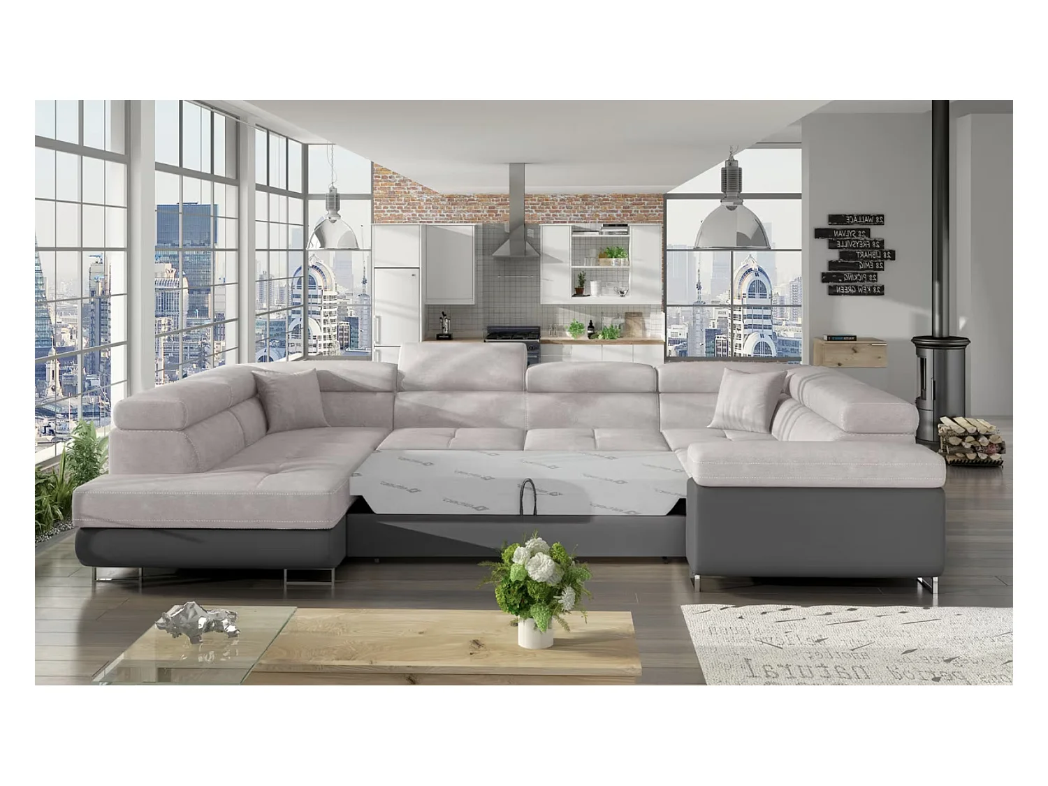 Canapé convertible panoramique TOVY tissu et simili cuir - têtières réglables-Gris/Gris clair-Coffre à gauche