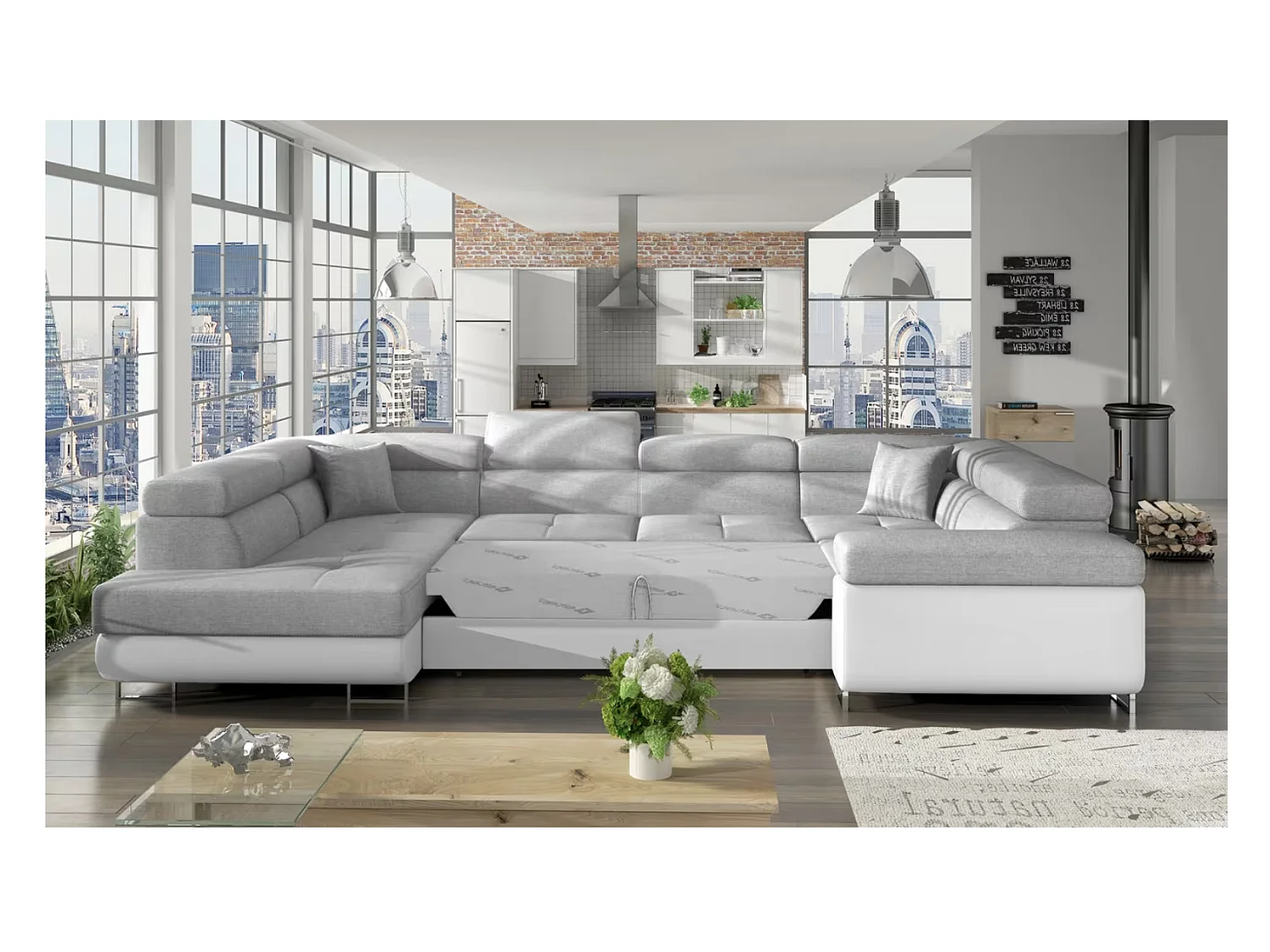 Canapé convertible panoramique TOVY tissu et simili cuir - têtières réglables-Gris/Gris clair-Coffre à gauche