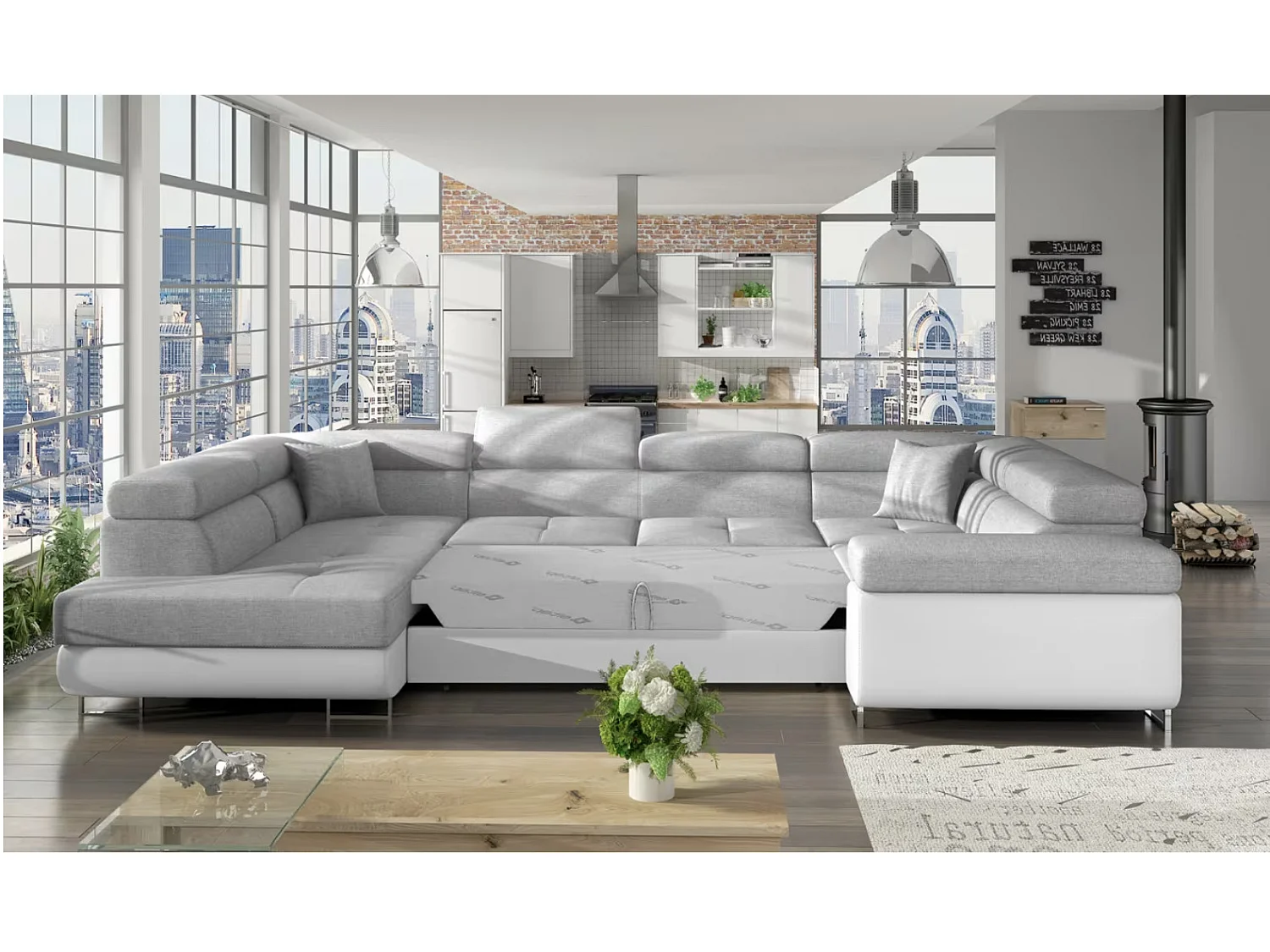 Canapé convertible panoramique TOVY tissu et simili cuir - têtières réglables-Gris/Gris clair-Coffre à gauche