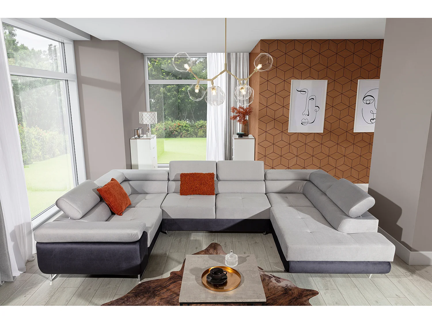 Canapé convertible panoramique TOVY tissu et simili cuir - têtières réglables-Gris/Gris clair-Coffre à gauche