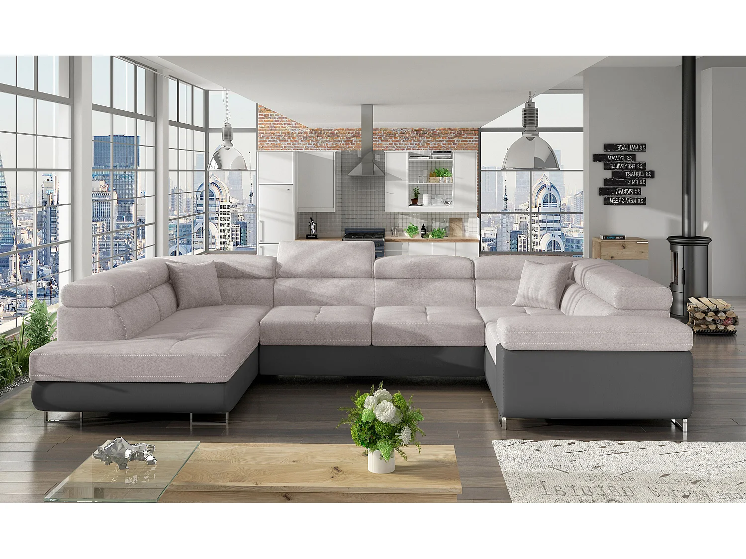 Canapé convertible panoramique TOVY tissu et simili cuir - têtières réglables-Gris/Gris clair-Coffre à gauche