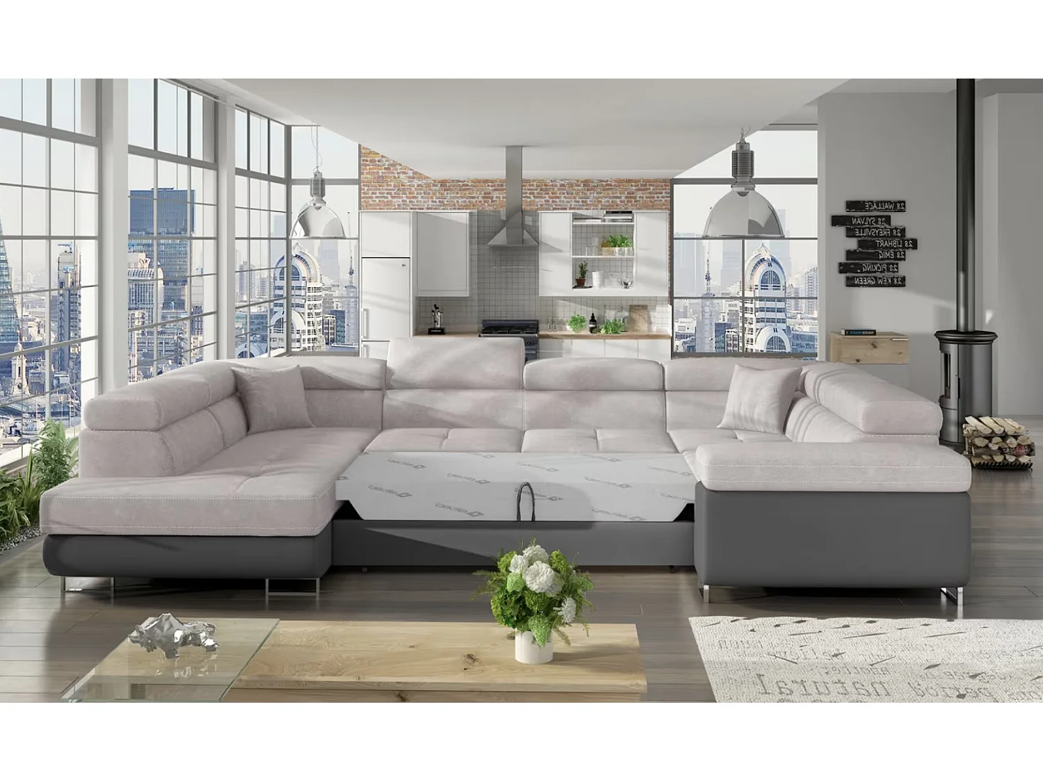 Canapé convertible panoramique TOVY tissu et simili cuir - têtières réglables-Gris/Gris clair-Coffre à gauche