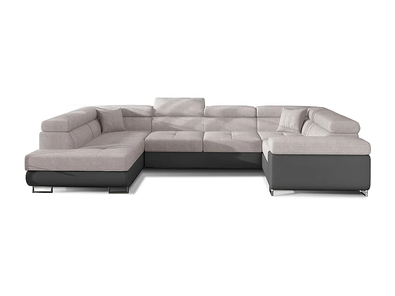 Canapé convertible panoramique TOVY tissu et simili cuir - têtières réglables-Gris/Gris clair-Coffre à gauche