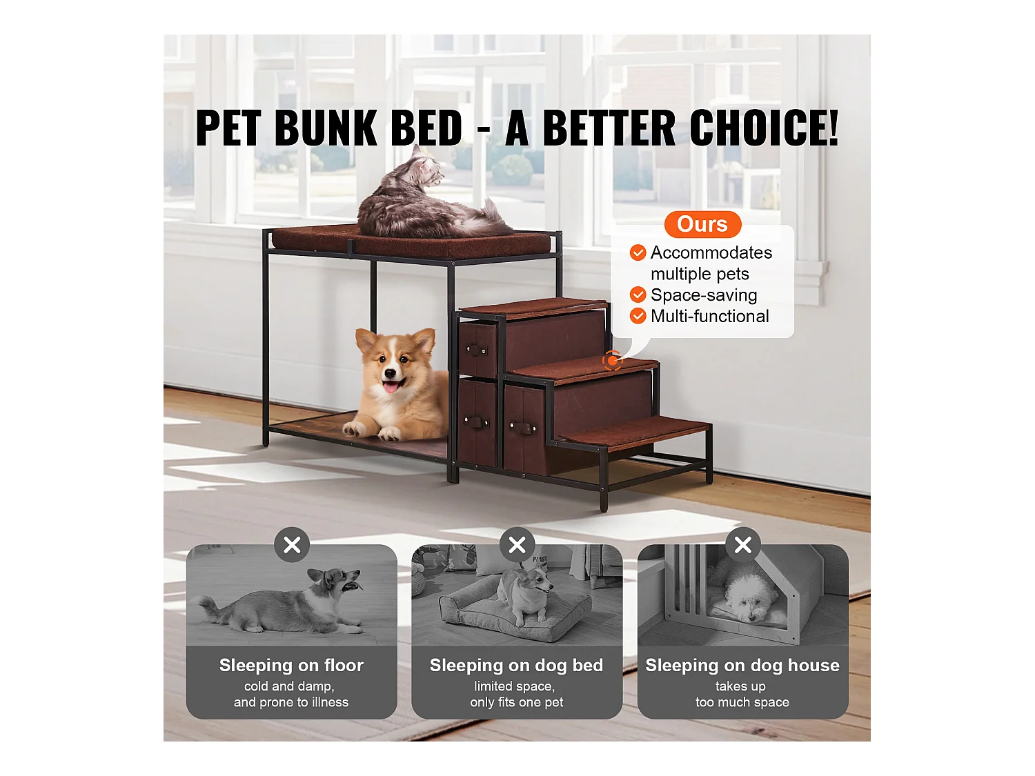 Cama Superpuesta SucceBuy para Mascotas, Percho de Ventana para Perro/Gato, Escaleras y Almacenamiento para Animales de Tamaño Mediano