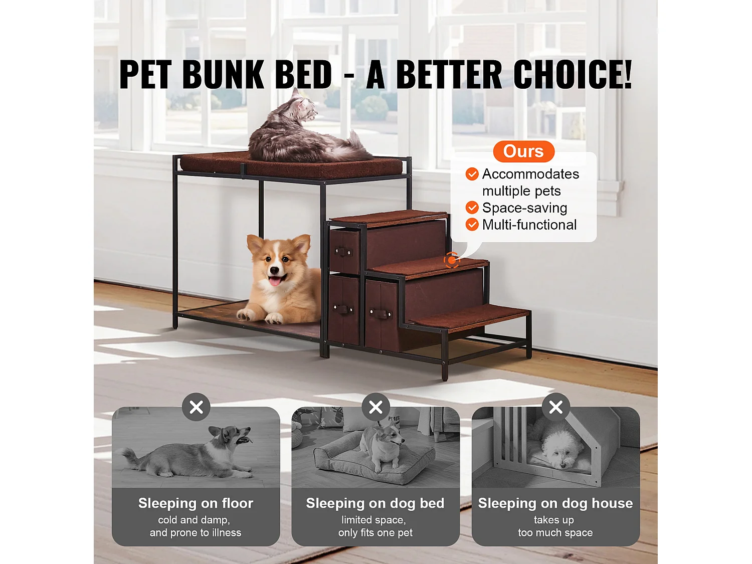 Lit Superposé SucceBuy pour Animaux de Compagnie, Perchoir de Fenêtre pour Chien/Chat, Escaliers et Rangement pour Animaux de Taille Moyenne