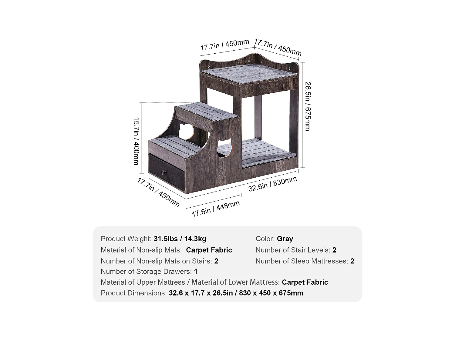 Lit Superposé SucceBuy pour Animaux de Compagnie, Gris, Perchoir de Fenêtre pour Chien/Chat, Intérieur avec Escaliers