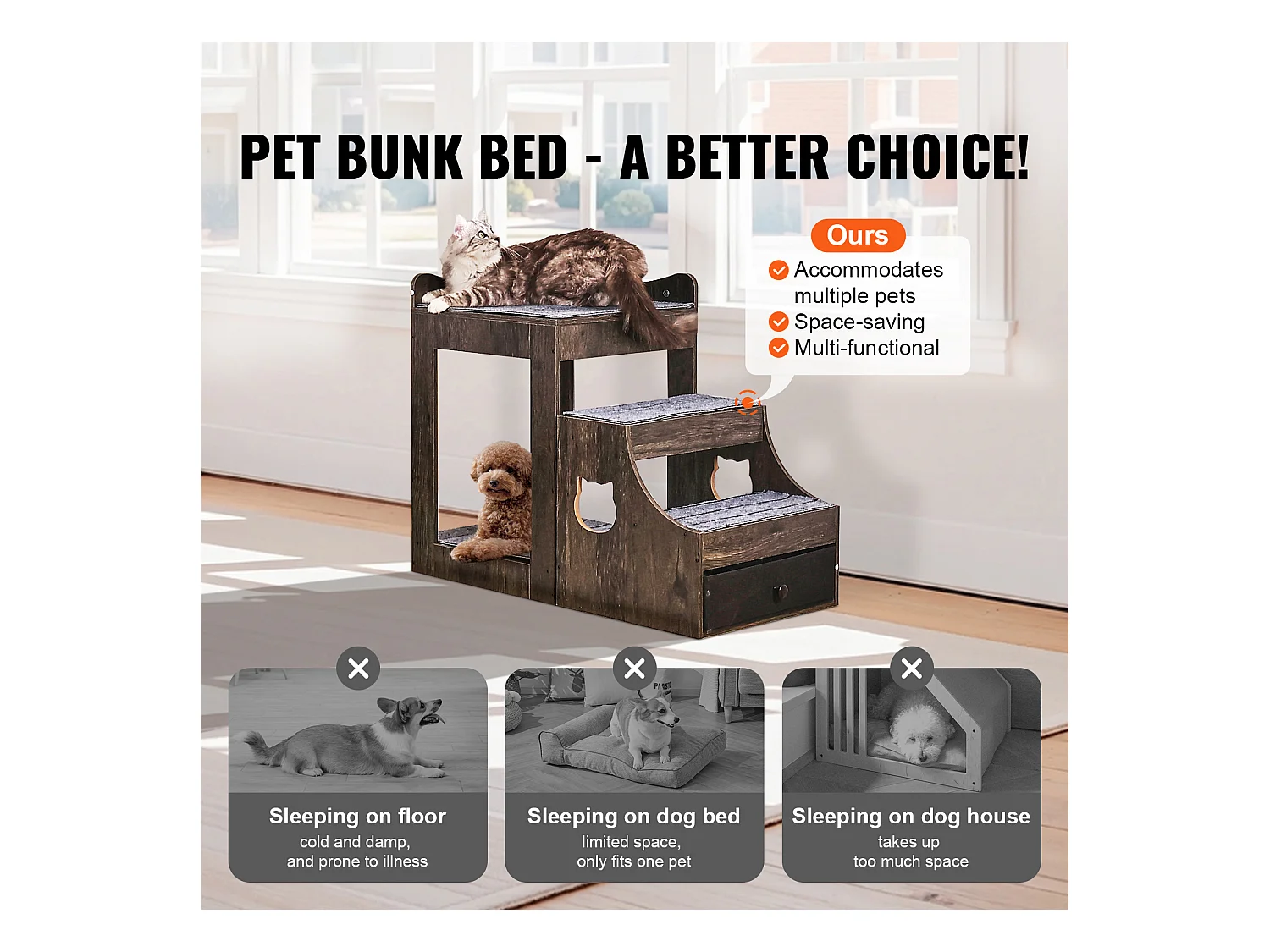 Lit Superposé SucceBuy pour Animaux de Compagnie, Gris, Perchoir de Fenêtre pour Chien/Chat, Intérieur avec Escaliers