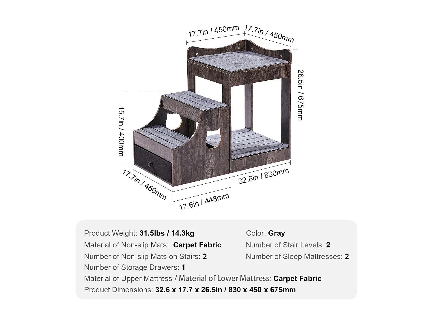 Lit Superposé SucceBuy pour Animaux de Compagnie, Gris, Perchoir de Fenêtre pour Chien/Chat, Intérieur avec Escaliers