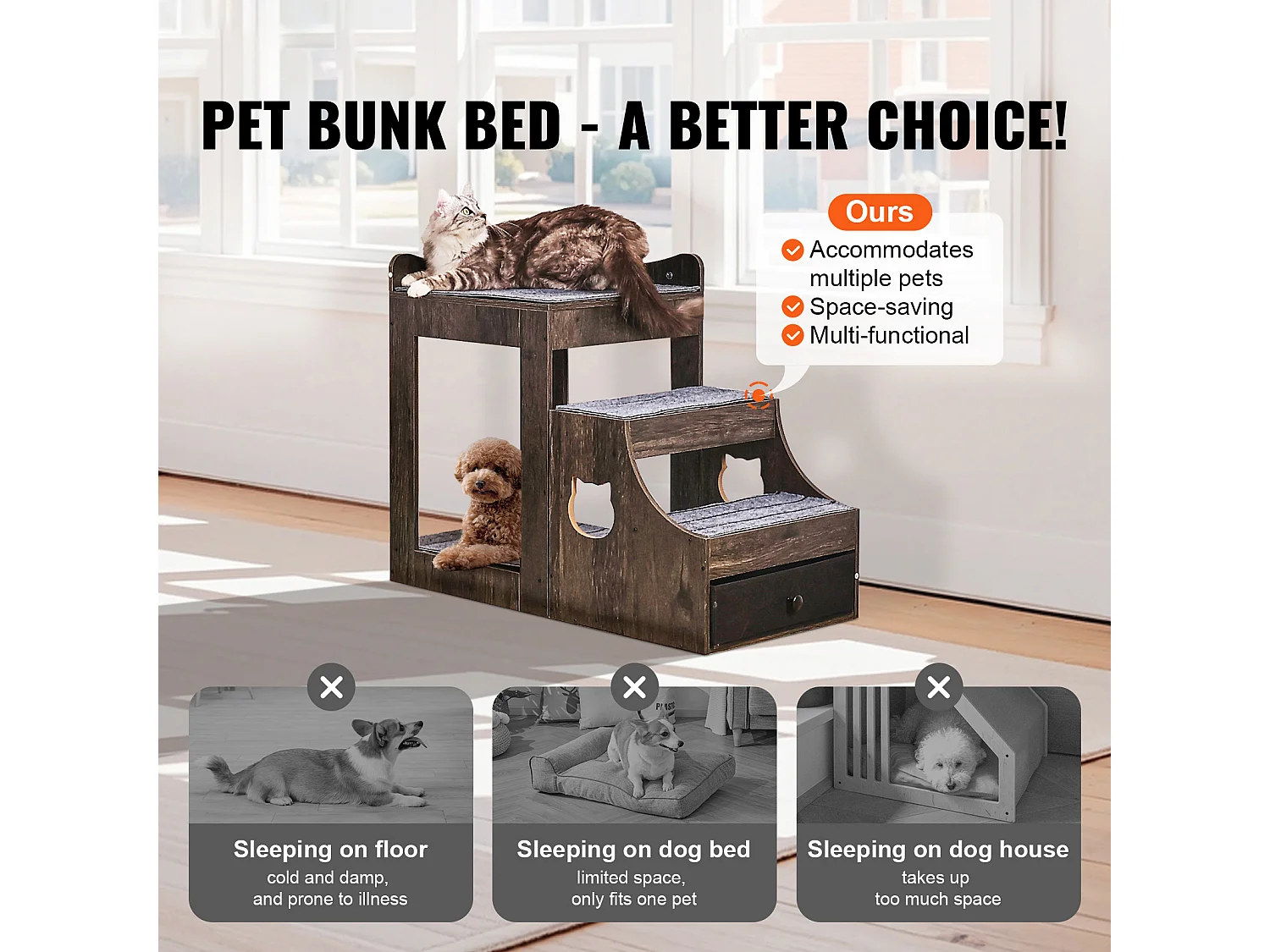 Lit Superposé SucceBuy pour Animaux de Compagnie, Gris, Perchoir de Fenêtre pour Chien/Chat, Intérieur avec Escaliers