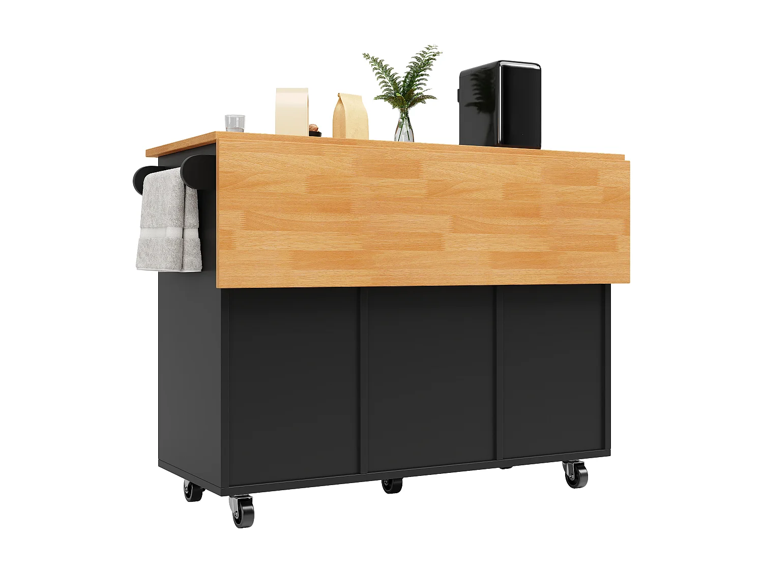 Desserte de cuisine sur roulettes avec plateau extensible, 1 portes et 8 tiroirs, noir - 122x74.5x91.5cm