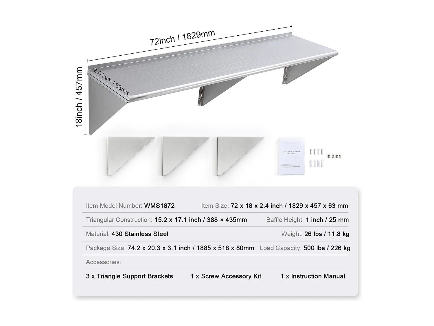 Étagère Murale SucceBuy en Acier Inoxydable, 183 x 46 cm, Rangement pour Cuisine et Restaurant