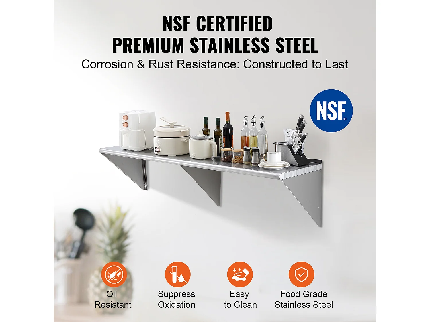 Étagère Murale SucceBuy en Acier Inoxydable, 183 x 46 cm, Rangement pour Cuisine et Restaurant