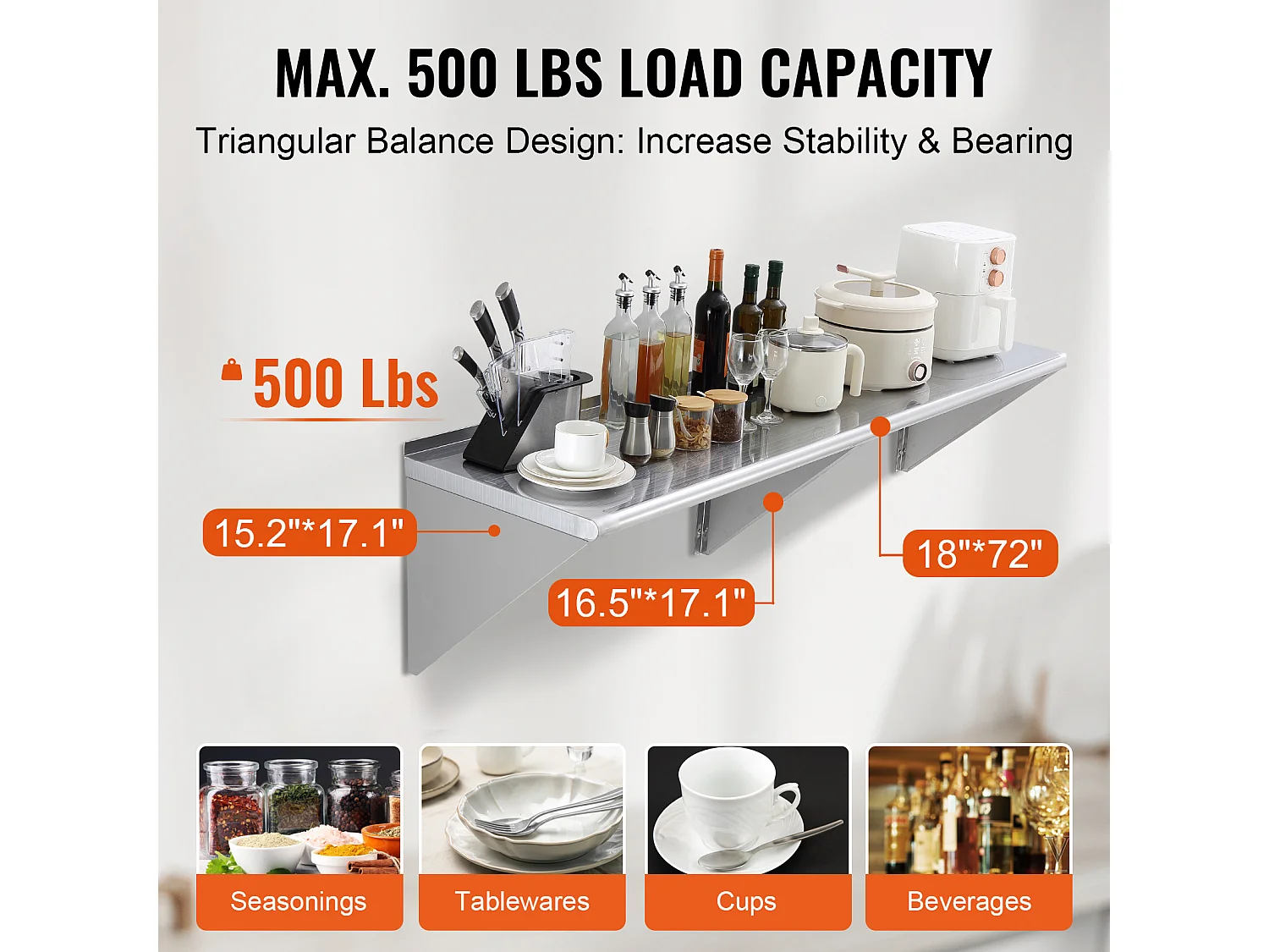 Étagère Murale SucceBuy en Acier Inoxydable, 183 x 46 cm, Rangement pour Cuisine et Restaurant