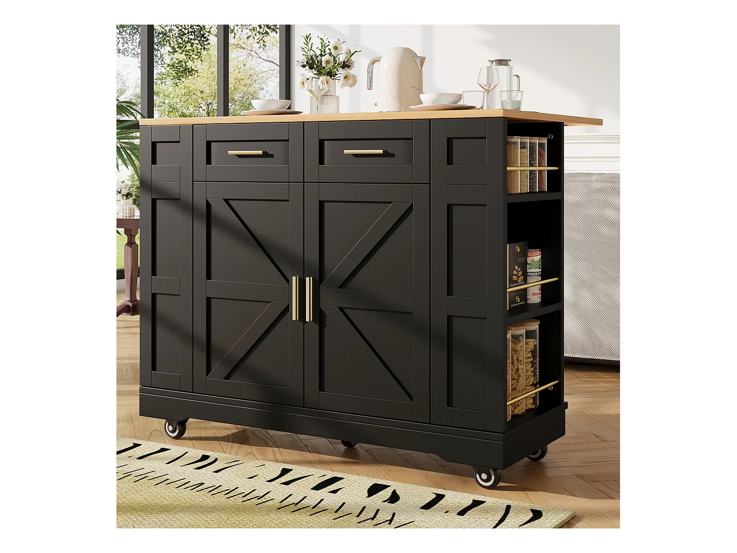 Desserte de cuisine mobile avec plateau extensible en placage woodgrain, 2 tiroirs 2 portes et étagères inclus, noir - 120x65x90cm