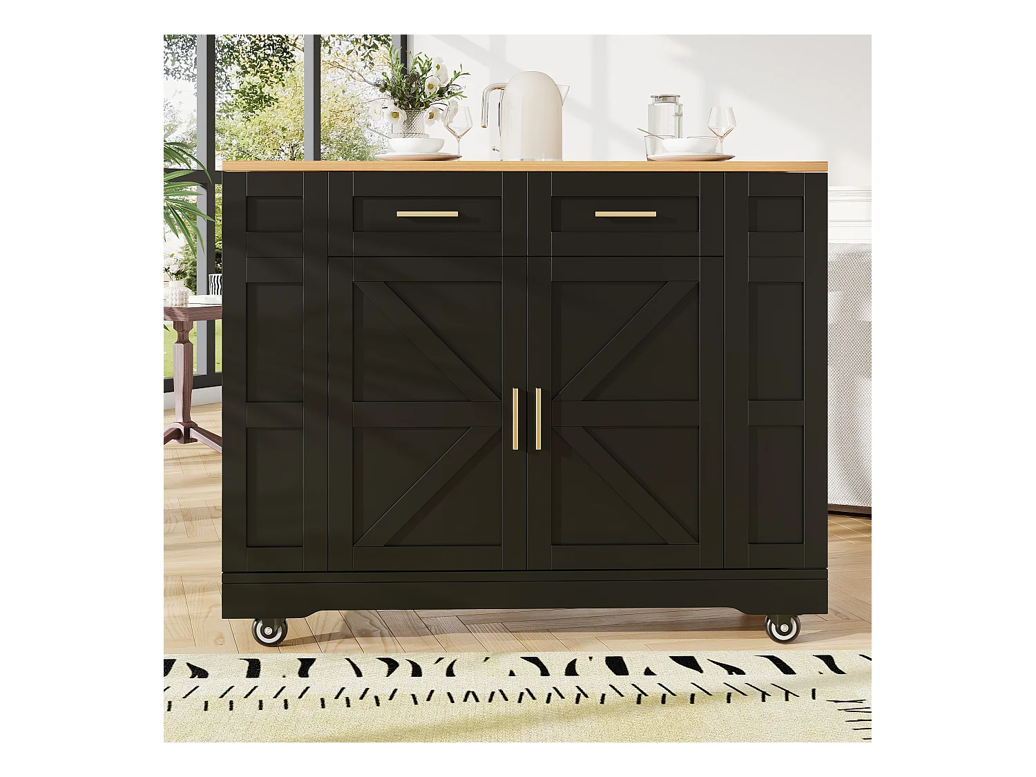 Desserte de cuisine mobile avec plateau extensible en placage woodgrain, 2 tiroirs 2 portes et étagères inclus, noir - 120x65x90cm