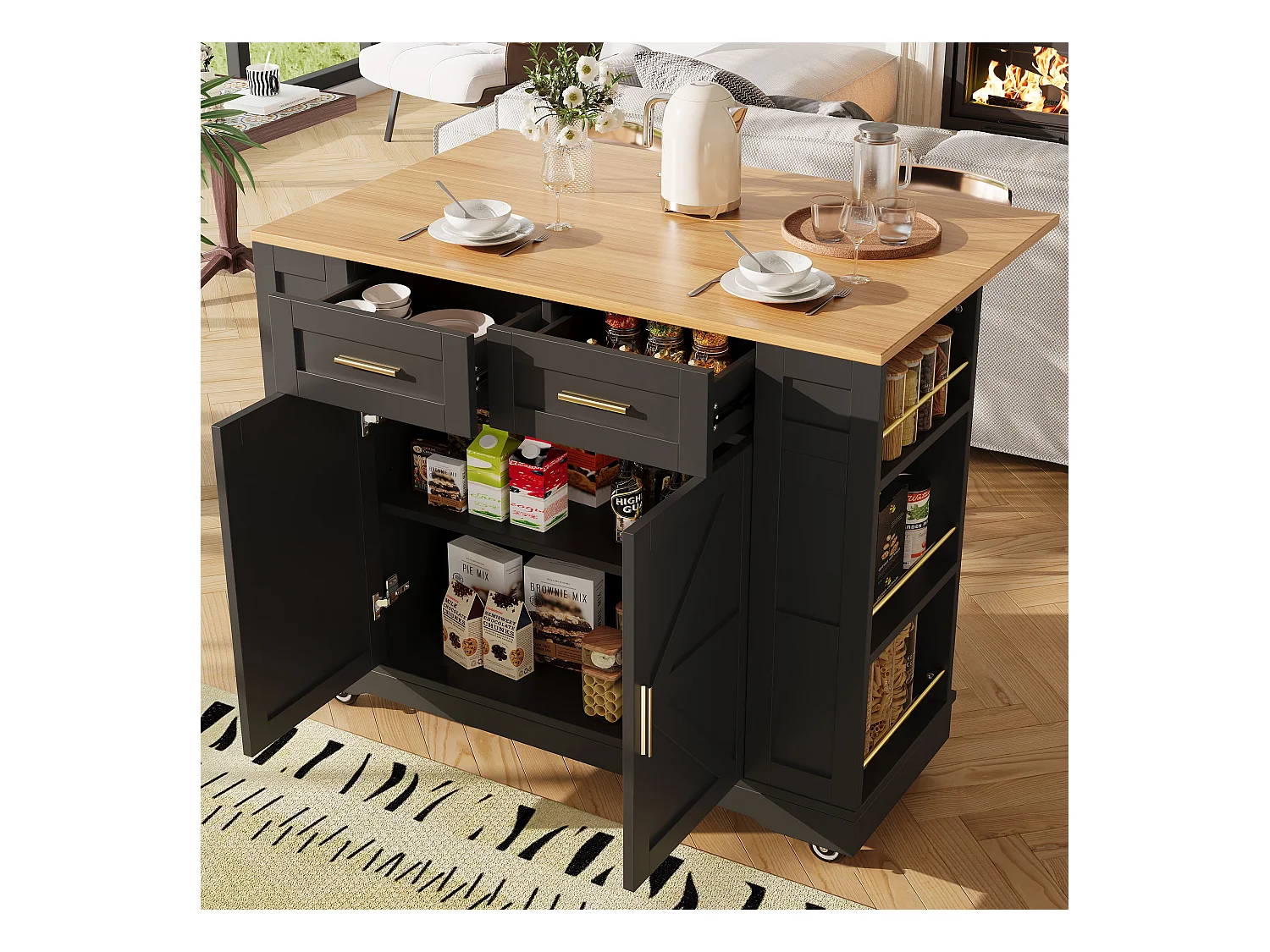 Desserte de cuisine mobile avec plateau extensible en placage woodgrain, 2 tiroirs 2 portes et étagères inclus, noir - 120x65x90cm