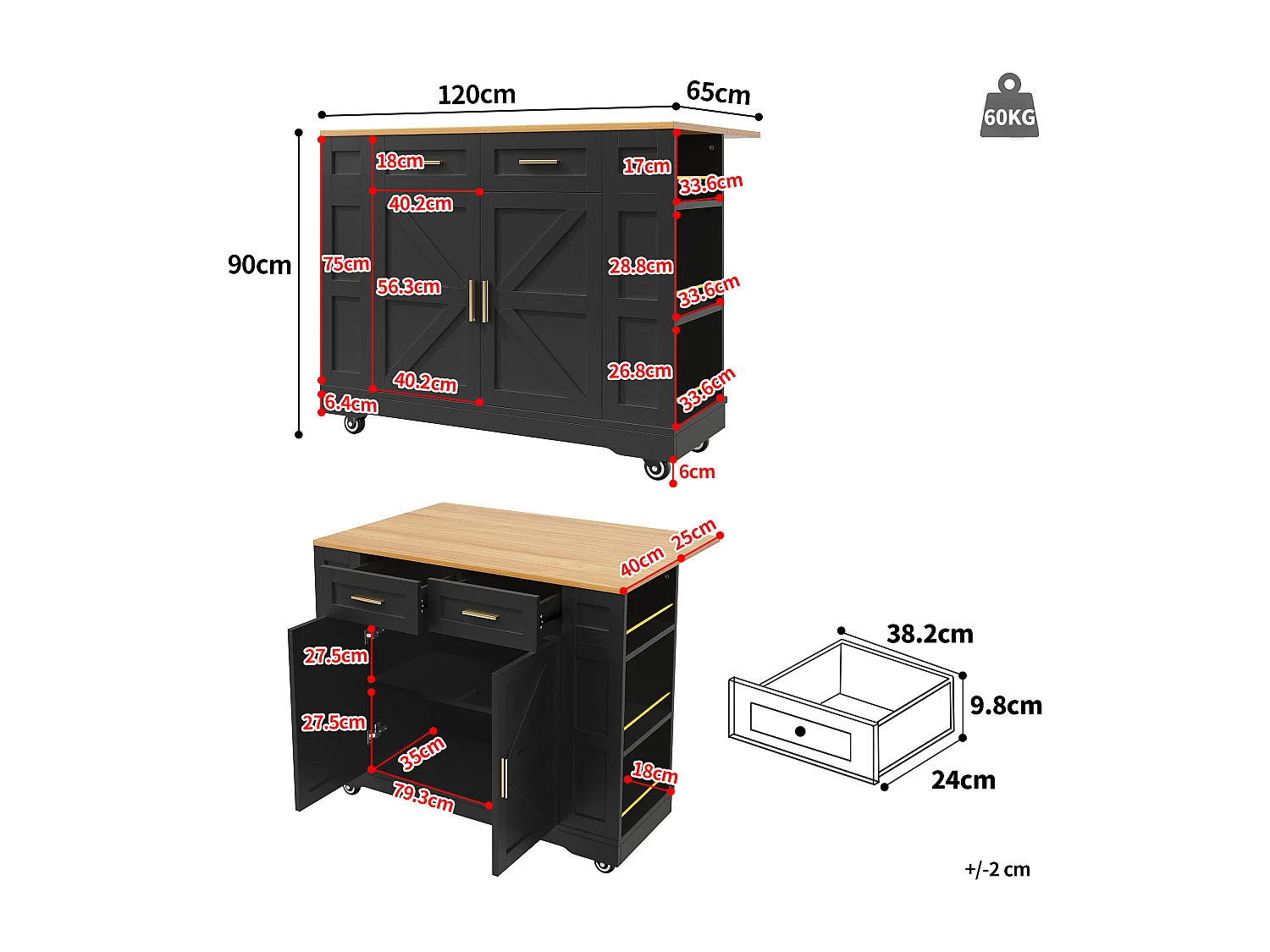 Desserte de cuisine mobile avec plateau extensible en placage woodgrain, 2 tiroirs 2 portes et étagères inclus, noir - 120x65x90cm