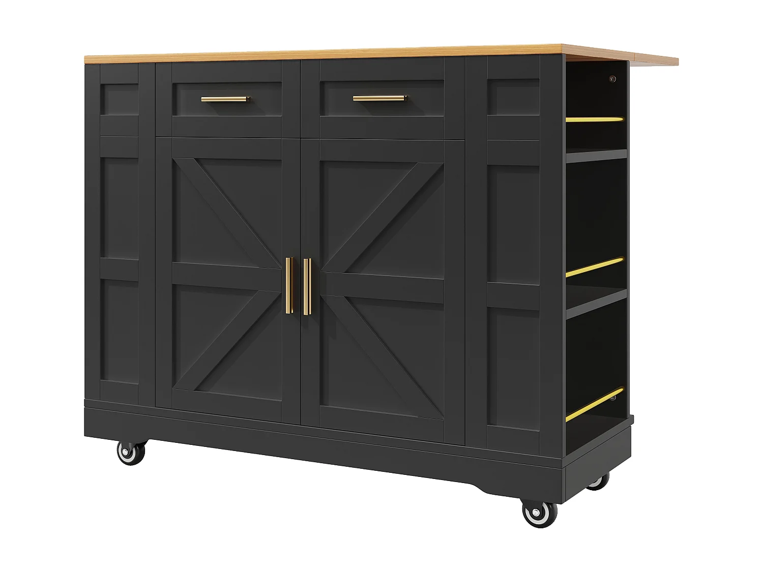 Desserte de cuisine mobile avec plateau extensible en placage woodgrain, 2 tiroirs 2 portes et étagères inclus, noir - 120x65x90cm