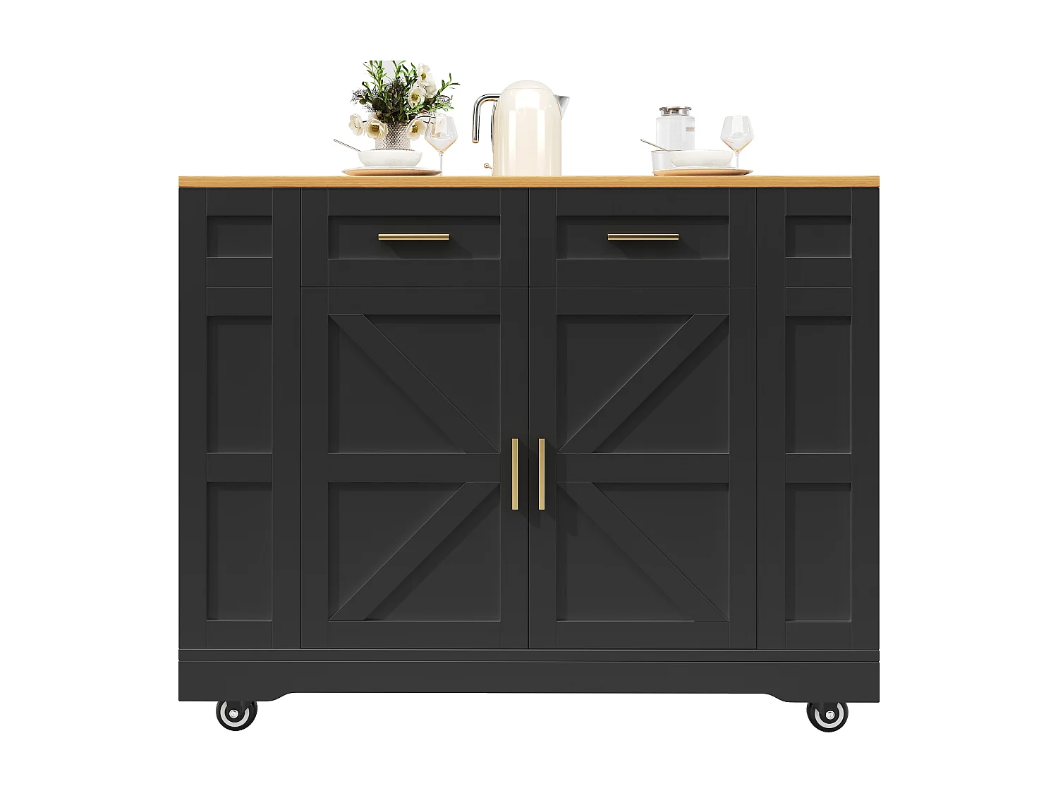 Desserte de cuisine mobile avec plateau extensible en placage woodgrain, 2 tiroirs 2 portes et étagères inclus, noir - 120x65x90cm