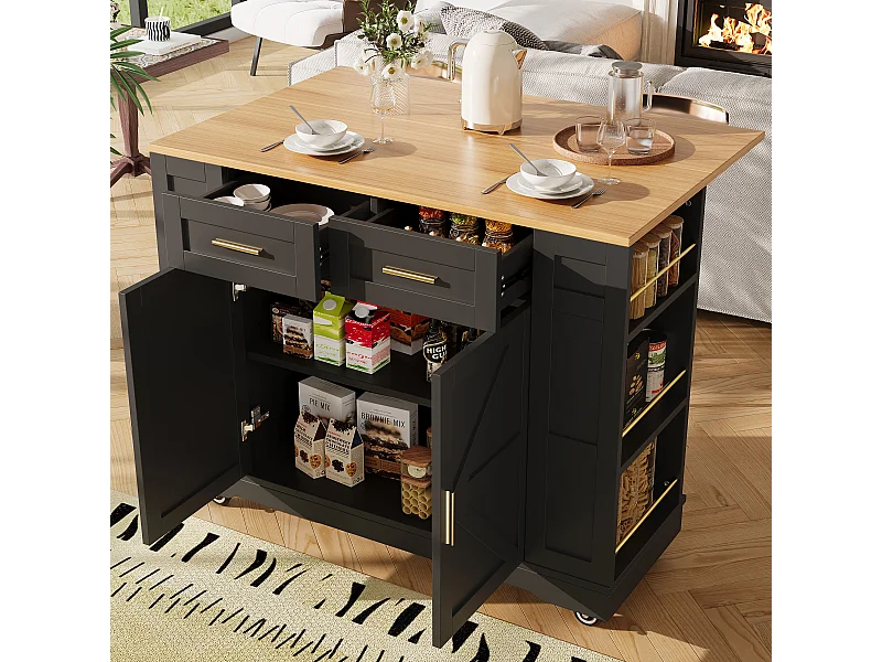 Desserte de cuisine mobile avec plateau extensible en placage woodgrain, 2 tiroirs 2 portes et étagères inclus, noir - 120x65x90cm