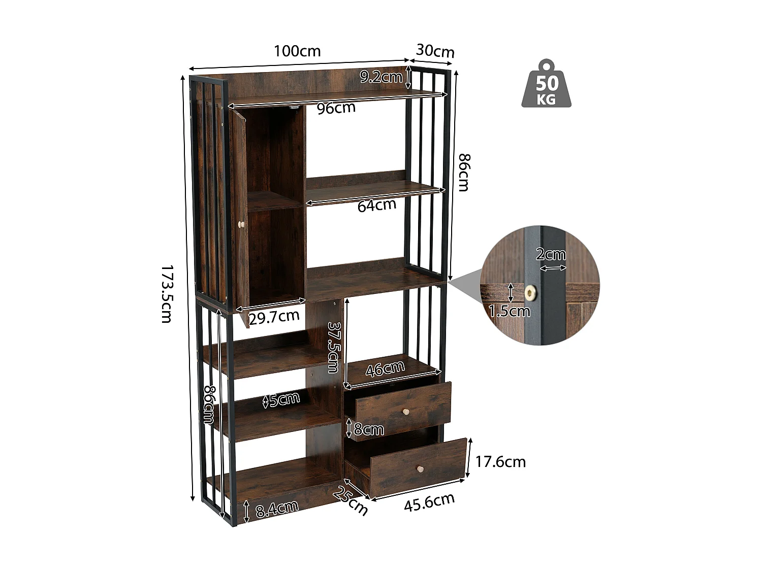 Bibliothèque avec 1 porte, 2 tiroirs et 5 niches, en placage woodgrain marron