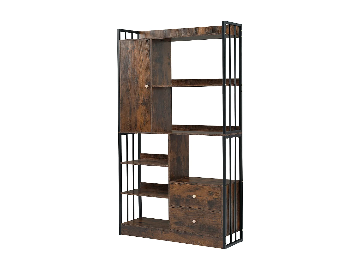 Bibliothèque avec 1 porte, 2 tiroirs et 5 niches, en placage woodgrain marron