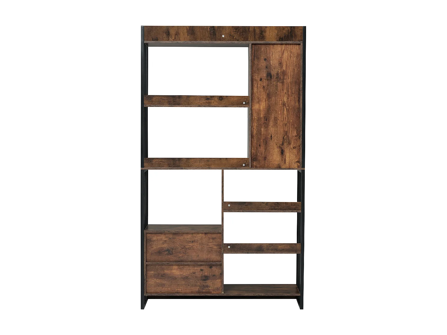 Bibliothèque avec 1 porte, 2 tiroirs et 5 niches, en placage woodgrain marron